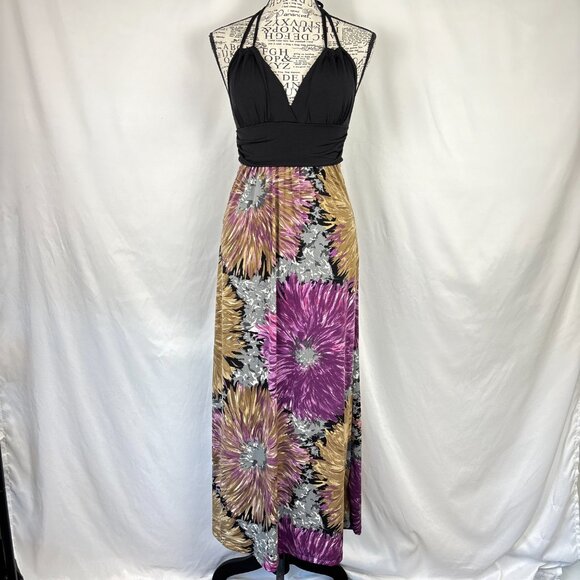 Pretty Good Halter Maxi Dress Women’s Small Black Multicolor Floral Empire Waist - Picture 2 of 13